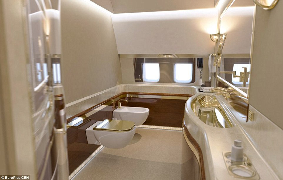 Most of the interior on board the plane is finished in gold trim, including the toilet and sink in the bathroom